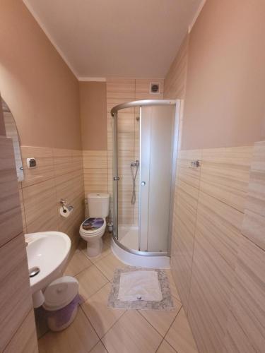 a bathroom with a shower and a toilet and a sink at Dom Gościnny Sosenka Grzybowo in Grzybowo