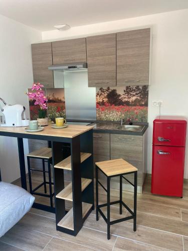 une cuisine avec une table et un réfrigérateur rouge dans l'établissement LA BERGERIE PROVENCALE, à Ginasservis