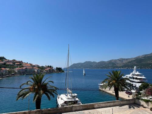 two boats are docked in a harbor with palm trees at Apartman Aterina in Korčula