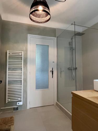 a bathroom with a shower and a white door at Le Verger in Aix-en-Provence