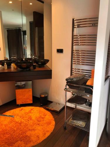 La salle de bains est pourvue d'un lavabo et d'un grand tapis orange. dans l'établissement La Maison Courtois, à Cholet