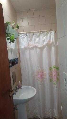 baño con lavabo y cortina de ducha con flores en deolinda en Mendoza