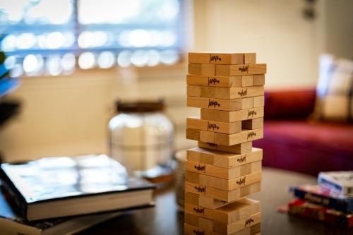 a stack of wooden blocks on a table at Private condo steps from ski lift minutes to lake in Stateline