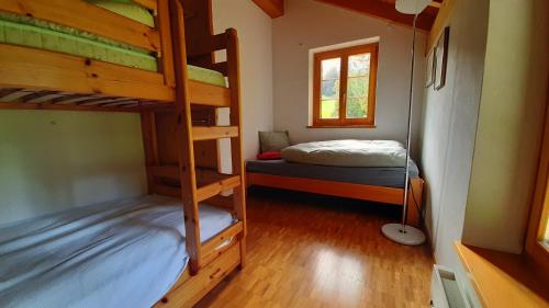 a small room with two bunk beds and a window at Acla Pala in Lenzerheide