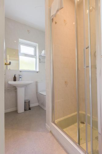 a bathroom with a shower and a toilet and a sink at Lios Na Manach ECO B&B in Killarney