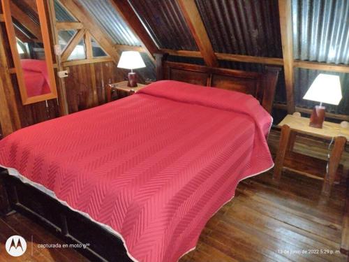 Bajos del ToroにあるCasa de Campo - Best place in Town.のランプ2つ付きの部屋の赤いベッド1台
