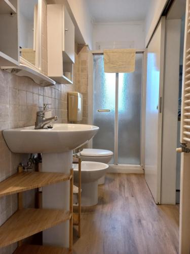 y baño con lavabo, aseo y ducha. en Apartment Cafoscari, en Venecia