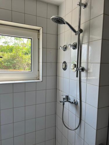 a shower in a bathroom with a window at Apartment Nr. 5 am Stuttgarter Flughafen/Messe in Leinfelden-Echterdingen
