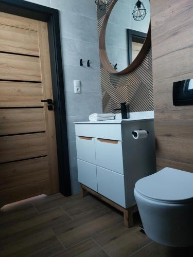 a bathroom with a sink and a toilet and a mirror at Dom wakacyjny Małe Swornegacie nad trzema jeziorami in Małe Swornigacie