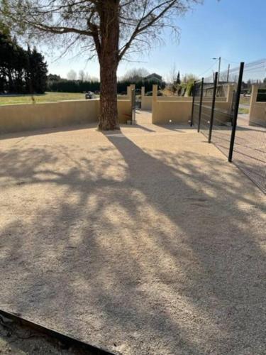 un arbre sur un trottoir à côté d'une clôture dans l'établissement Gîte lumineux et confortable dans un mas provençal, à Courthézon