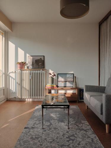 a living room with a couch and a coffee table at L'heure Bleue - Meublé de tourisme 3 étoiles in Royat