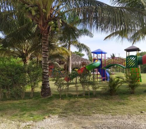 un parc avec une aire de jeux avec un toboggan et un palmier dans l'établissement Agradable casa de campo con estacionamiento, à Olón