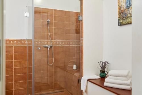 a bathroom with a shower with a glass door at Barta Pince Vendégház Mád in Mád