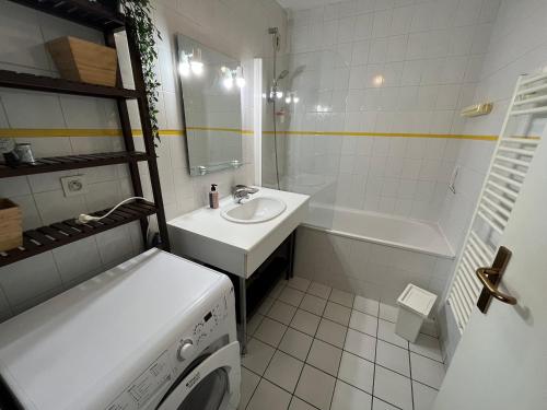 une salle de bain avec un lavabo et une machine à laver dans l'établissement Chouette Appartement Dijon Centre, à Dijon