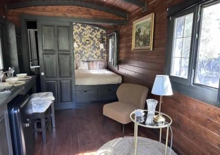 a bedroom with a bed and a sink in a room at Roulotte / Tiny House dans les Alpilles in Saint-Rémy-de-Provence