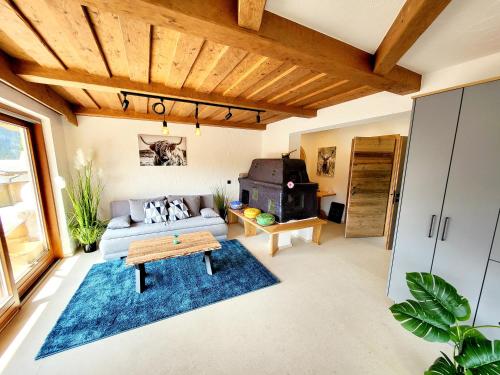 a living room with a couch and a stove at Schickster Sky Lodge in Leutasch