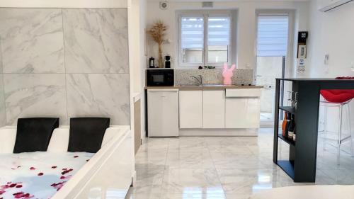 Il comprend une cuisine et un salon avec un lit. dans l'établissement Suite BULLE D'AMOUR Balnèo Spa & Terrasse à 5 min des plages, à Argelès-sur-Mer