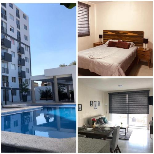 a hotel room with a bed and a swimming pool at Be Central Departamento con alberca en el centro de Guadalaja in Guadalajara