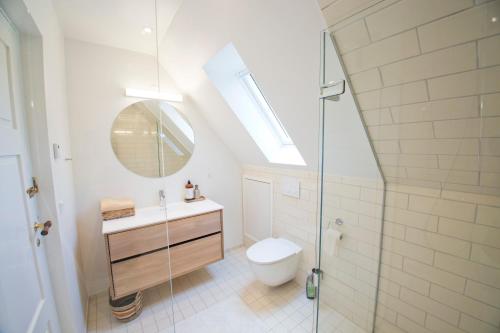 a bathroom with a shower and a toilet and a sink at Bellinge House in Horreby