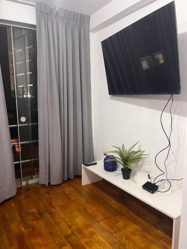 a living room with a television and a table with a plant at Bello y Cerca al centro, con Ascensor Directo in Trujillo