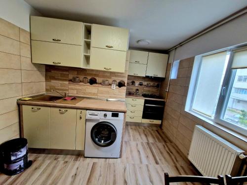 een kleine keuken met een wasmachine bij Maribelle Appartments in Târgovişte
