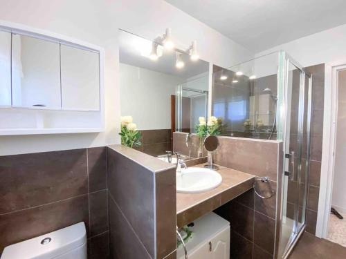 a bathroom with a sink and a toilet and a mirror at Típica Casa Andorrana en Encamp l by BonesVacances in Encamp