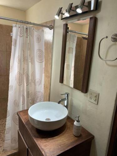 a bathroom with a white sink and a shower at Casa del Carmen, hermoso departamento en Loreto in Loreto