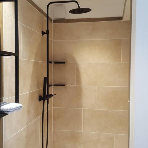 une douche avec une porte vitrée dans une salle de bain dans l'établissement Appartement 2 pieces, à Gravières