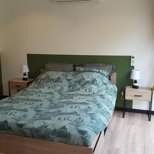 1 cama con cabecero verde y 2 mesitas de noche en Appartement 2 pieces, en Gravières