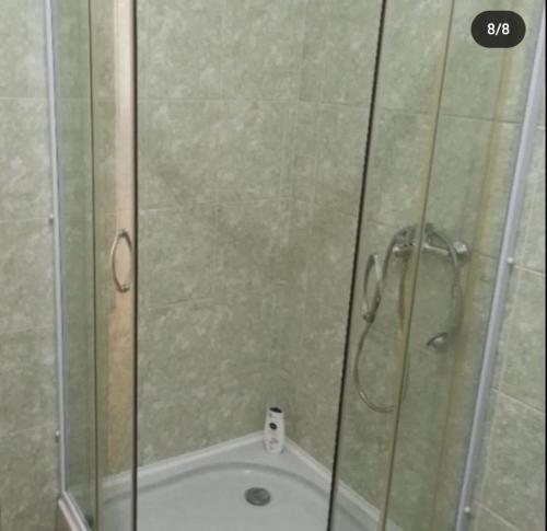 La salle de bains est pourvue d'une douche et d'une porte en verre. dans l'établissement Apartman (stan na dan) M&M 2 Prijedor, à Prijedor
