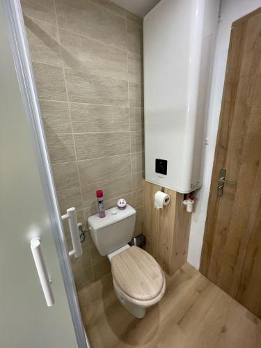 une petite salle de bain avec toilettes et lavabo dans l'établissement Appartement Les Amethystes 2, à Le Mont-Dore