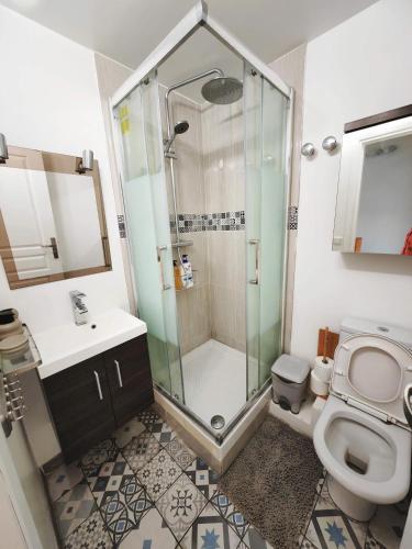 une salle de bain avec une douche, des toilettes et un lavabo dans l'établissement Comfortable house 45m2, 20 min to Paris with BBQ and shared private garden, à Épinay-sur-Orge