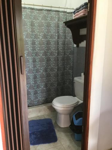 y baño con aseo y cortina de ducha. en Casa Girasol en Puerto Viejo