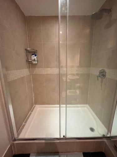 a shower with a glass door in a bathroom at Beautiful big living room with sofa bed in London