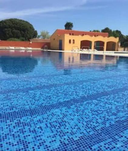 une grande piscine avec un bâtiment en arrière-plan dans l'établissement Maisonnette Bleue Bora-Bora, à Argelès-sur-Mer