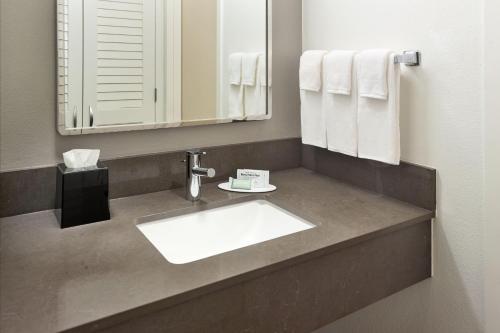 a bathroom with a sink and a mirror and towels at Courtyard by Marriott Atlanta Executive Park/Emory in Atlanta