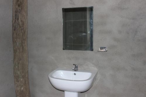 a bathroom with a white sink and a mirror at Forest Tree Top Holiday Resort in Buttala