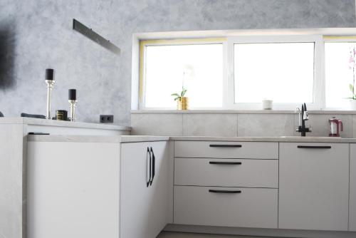 uma cozinha branca com um lavatório e 2 janelas em Koala rest house em Druskininkai