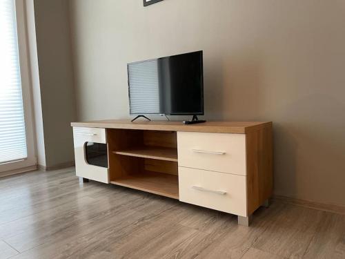 a wooden entertainment center with a television on top of it at Vetulaniego Canary Comfort Apartment in Kraków