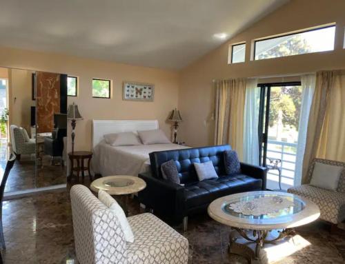 1 dormitorio con cama, sofá y mesa en Large Luxury Studio with View in Santa Monica, en Santa Monica