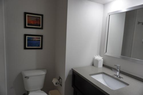 a bathroom with a toilet and a sink and a mirror at Comfort Inn & Suites Frisco - Plano in Frisco