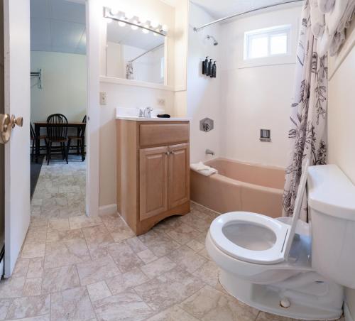 een badkamer met een toilet, een wastafel en een bad bij Acadia Pines Motel in Bar Harbor