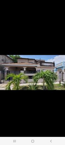 a building with palm trees in front of it at Bobby Vacation Home in Portmore