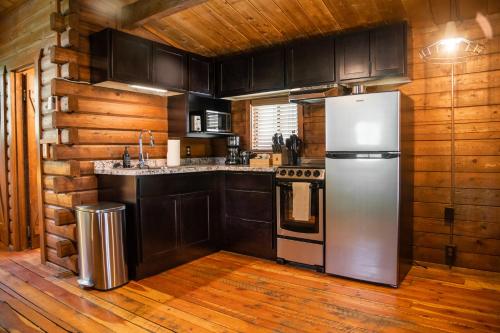 een keuken met een roestvrijstalen koelkast in een cabine bij High Creek Lodge and Cabins in Pagosa Springs