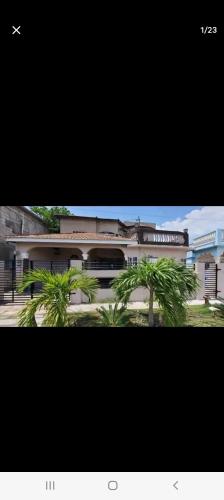 a building with two palm trees in front of it at Bobby Vacation Home in Portmore