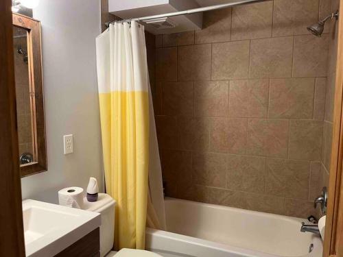 a bathroom with a shower curtain and a toilet and a sink at Macwan's Lakefront Cottage in Calabogie