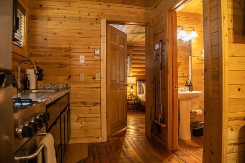 ein Holzbadezimmer mit einem Waschbecken und einem WC in der Unterkunft High Creek Lodge and Cabins in Pagosa Springs