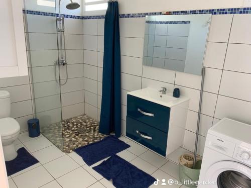 a bathroom with a shower and a sink and a toilet at Bungalow Little Garden in Mahaudière