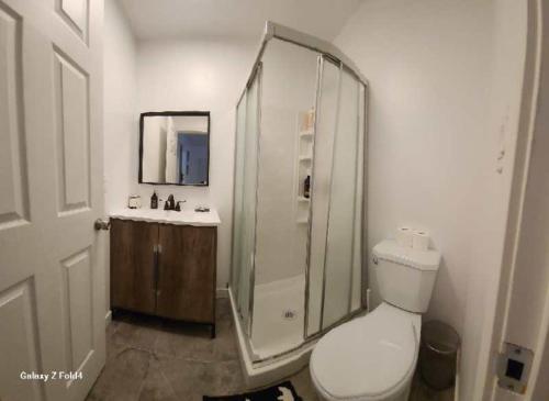 ein Bad mit einer Dusche, einem WC und einem Waschbecken in der Unterkunft Beautiful Maple ridge farm cabin unit A in Maple Ridge District Municipality
