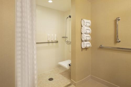 a bathroom with a shower and a toilet and towels at Denver Marriott West in Golden